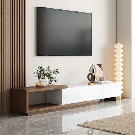 Meuble TV noir moderne Quoint, 2550mm, console multimédia rétractable et extensible à 3 tiroirs, noyer Modern Tv Console Design, Hanging Tv Console, Tv Area Ideas Living Room, White Tv Wall, Tv Stand Decor Living Room, Living Room Designs Cozy, Floating Tv Cabinet, Contemporary Tv Stand, Tv Console Modern