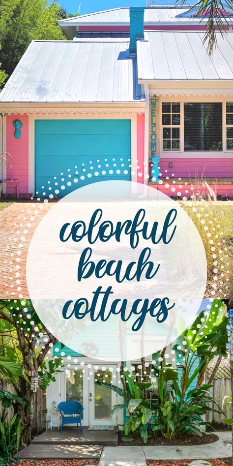 Small Beach House Ideas, Colorful Beach House Exterior, Exterior Beach House Colors, Tiny Beach Cottage, Small Beach Cottages, Peach Cottage, Small Beach Cottage, Colorful Beach House, Beach Trailer