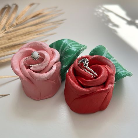 The rose ring holder 🌹 so pretty 😍 I’ve added these to the etsy shop 💕 #rings #clayart #clayideas #smallbusiness Ring Holder Aesthetic, Clay Flower Ring, Ring Holder Clay, Clay Ring Holder, Flower Ring Holder, Flower Trinket Dish, Unique Ring Holder, Rose Flower Ring, Clay Rose