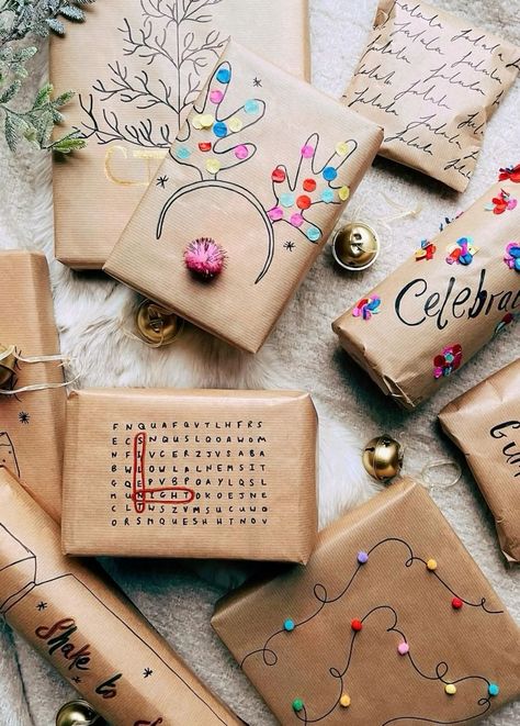 Kraft Christmas Wrapping Ideas, Christmas Gift Wrapping Brown Paper, Christmas Kraft Paper Wrapping, Butcher Paper Christmas Wrapping, Kraft Paper Wrapping Christmas, Kraft Wrapping Paper Ideas, Kraft Paper Christmas Wrapping, Diy Christmas Wrapping Paper, Winter Wonderland Card