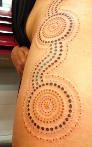 Tattoos by Tatu-Lu (Tattoo Lou) in the heart of Mullumbimby, NSW Australia. Dotted Tattoo, Aboriginal Tattoo, Australia Tattoo, Lower Arm Tattoos, Australian Tattoo, Good Trip, Indigenous Australian Art, Aboriginal Dot Art, Getting A Tattoo