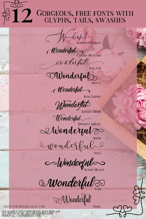 12 Free fonts with tails, glyphs and swashes. Perfect to use as Wedding Fonts, Invitation Font, Party Font, Baby Shower Font. These gorgeous free fonts are beautiful and eye catching. Available for personal and commerical use. Download free fonts to use on your blog. Glyph fonts and fonts with tails for announcements Free Fonts With Tails, Free Font With Tails, Fonts With Tails, Font Ideas Alphabet, Best Canva Fonts, Glyph Font, Free Cursive Fonts, Free Fonts For Cricut, Party Font