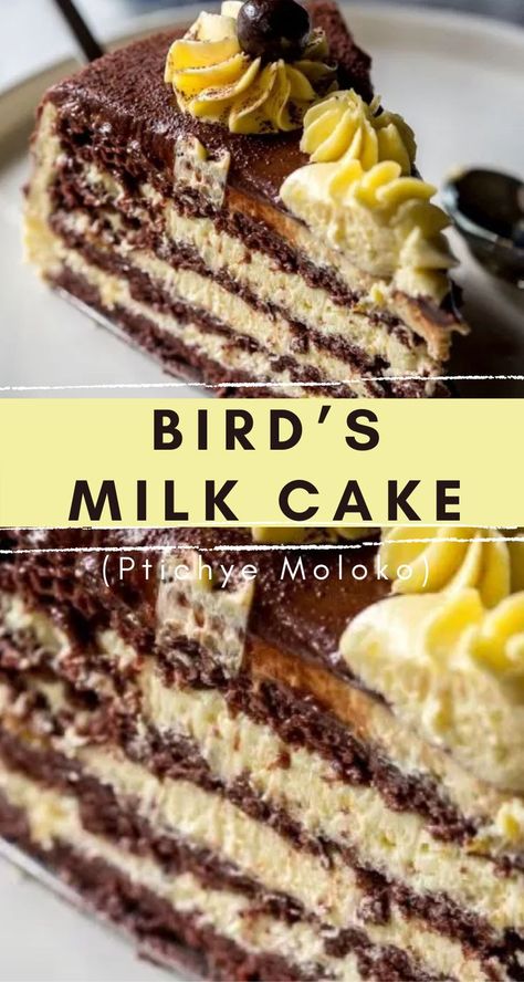 This Bird’s Milk Cake is a combination of soft chocolate sponge cake layers and a deliciously luscious Custard Buttercream. #cake #custard #dessert #ptichyemoloko #milkcake #buttercream #cakerecipe #deliciousrecipe Bird Milk Cake Recipe, Bird’s Milk Cake, Bird Milk Cake, Chocolate Milk Cake, Birds Milk Cake, Birds Milk Cake Recipe, Torte Cakes, Custard Buttercream, Most Amazing Chocolate Cake