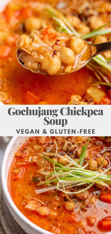 This Gochujang Chickpea Soup is quick to make, but loaded with lots of warming savory flavors. Comes together in 30 minutes and packed with satisfying protein and fiber. Chickpea Tortilla Soup, Vegan Veggie Recipes, Chickpea Soup Vegan, Gochujang Chickpeas, Vegan Soups And Stews, Protein Soup, Chickpea Soup, Vegan Soup Recipes, Chickpea Recipes