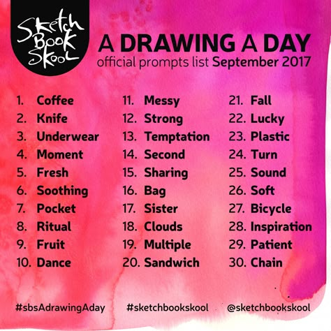 Here are the Drawing A Day Challenge prompts for the month of September. Drawing List, Sketchbook Prompts, 30 Day Art Challenge, 30 Day Drawing Challenge, Drawing Ideas List, Drawing Prompts, Creative Drawing Prompts, Drawing Quotes, Drawing Prompt