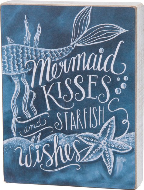 Mermaid Kisses and Starfish Wishes - Chalk Board Wood Block Sign - Primitives by Kathy from California Seashell Co Mermaid Sign, Deco Marine, Mermaid Kisses, Mermaid Room, Mermaid Life, Chalkboard Art, Mermaid Art, Chalk Art, Drawing Tutorials