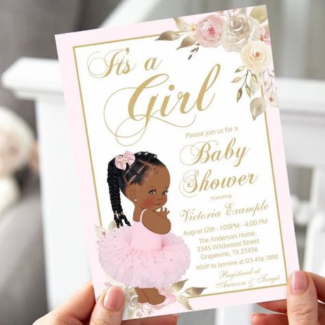 Pink Gold African Princess Tutu Baby Shower Invitation Princess Baby Shower Theme, Pink Princess Baby Shower, Baby Shower Theme Ideas, Baby Shower Princess Theme, Blush Pink Baby Shower, Tutu Baby Shower, Princess Baby Shower Invitation, Pink Gold Baby Shower, African Princess