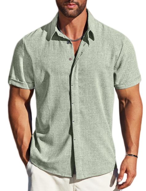 PRICES MAY VARY. 【Soft Material】Match your summer style with our men's casual button down shirt! Our men's casual shirts are made of rayon and linen. Breathable and comfortable. It's perfect for casual outings or beach vacations. 【Stylish Design】Mens beach linen shirts feature button-down closure, short sleeves, and a relaxed fit design for a casual look. Men's summer short sleeve shirt are casual and elegance, perfect for enjoying sunny days with ease and style. 【Easy Match】 Our men's cruise sh Green Shirt Men, Mens Beach Shirts, Stylish Shirts Men, Mens Beach, Island Wear, Stylish Men Casual, Mens Shorts Summer, Shirt Business, Shirts Short Sleeve