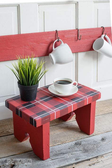 A vintage stool with a red and black Buffalo Check design with white plaid detail, made with Funky Junk's Old Sign Stencils Farmhouse Signs Diy, Funky Junk Interiors, Signs Diy, Plaid Decor, Sign Stencils, Painted Chairs, Funky Junk, Funky Painted Furniture, Woodworking Bench