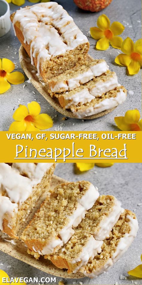 This pineapple coconut bread is moist, tender, sweet, and tropical with a combination of fresh pineapple and shredded coconut for a summer treat! Unlike many other pineapple cake recipes, this version is also refined sugar-free, oil-free, dairy-free, gluten-free, and vegan! Pineapple Cake Recipes, Bread Vegan Recipe, Pineapple Coconut Bread, Ella Vegan, Refined Sugar Free Desserts, Pineapple Bread, Pineapple Cake Recipe, Pineapple Dessert Recipes, Pineapple Desserts