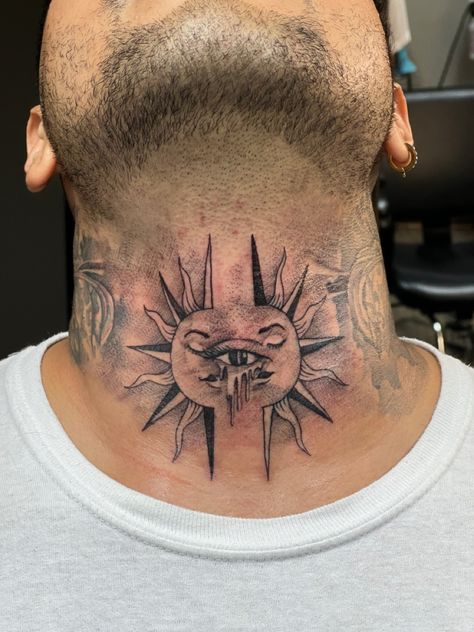 Third eye split sun tattoo neck Sun Third Eye Tattoo, Third Eye Neck Tattoo, Spiritual Throat Tattoo, Sun And Eye Tattoo, Sun Throat Tattoo, Eye Throat Tattoo, Evil Sun Tattoo, Melting Eye Tattoo, Sun Tattoos Men