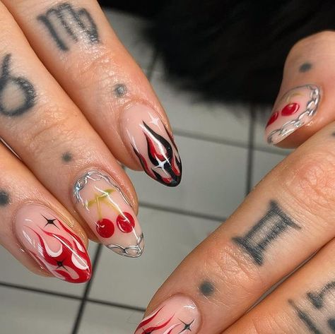 Natasha on Instagram: "Lil red & black mix and match🖤🍒🤍   *with added floof from suspect on photo 4 🖤🥰" Black Mix Match Nails, Red Mix And Match Nails, Red Mismatched Nails, Red And Black Flame Nails, Red Nails With Black Design, Unique Black Nails, Red And Black Airbrush Nails, Nails Black And Red, Alt Nails Red And Black