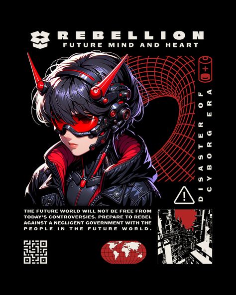 Manga Graphic Futuristic Character Art, Cyberpunk Advertisement, Manga Graphic Design, Cyberpunk Design, T Shirt Logo Design, Editing Tricks, Typography Illustration, Shirt Logo Design, Art Cover