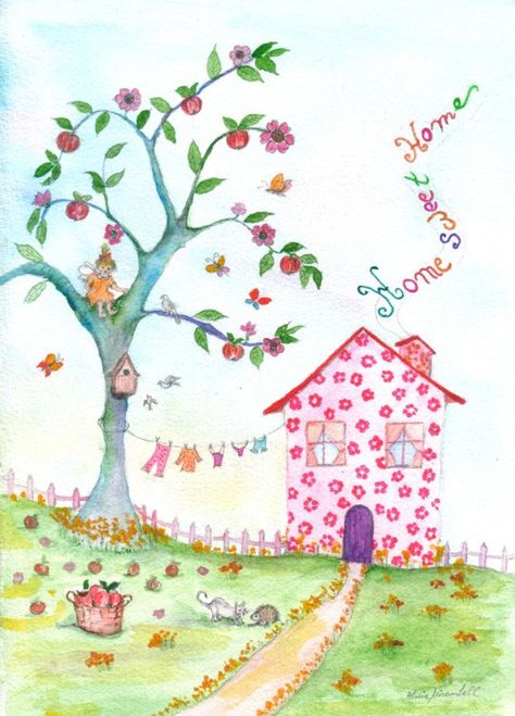 home sweet home 8x11 by aliciasmagicland on Etsy Music Drawings, Gingerbread Houses, Home Is Where, Home Sweet Home, Whimsical Art, A Drawing, My Happy Place, Cute Illustration, Happy Place