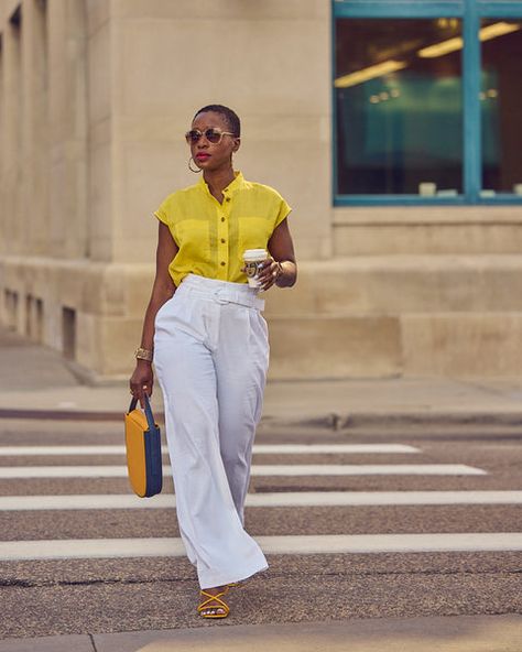 Farotelle walking on street and wearing Express high-waisted white linen pants with Banana Republic colorful yellow shirt and Tomoli rounded yellow bag as color-blocked elevated casual outfit. Yellow Shirt Outfit Women Casual, Yellow Linen Shirt Outfit, White Outfit Casual, Yellow Shirt Outfit, Linen Shirt Outfit, Summer Wardrobe Staples, Midi Skirt Outfit, Cap Sleeve Shirt, Yellow Sandals