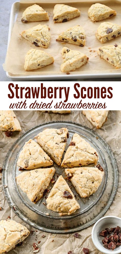 Moist and tender, these easy strawberry scones melt in your mouth. The BEST ever strawberry scones with dried strawberries and cream. Recipes With Dried Strawberries, Recipes With Dehydrated Strawberries, Recipes Using Dried Strawberries, Easy Fruit Dessert Recipes, Protein Packed Foods, Easy Fruit Desserts, Oven Dried Strawberries, Scones Breakfast, Strawberry Recipes Easy