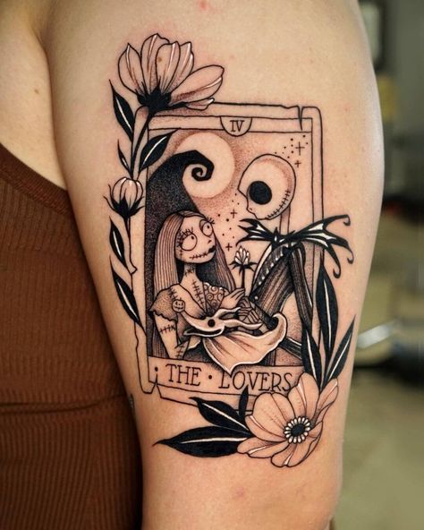 The Lovers Jack And Sally Tattoo, Tarot Card Tattoo Ideas, Card Tattoo Ideas, Aura Tattoos, Tattoo Nightmares, Jack Skellington Tattoo, Tim Burton Tattoo, Lovers Tarot Card, Nightmare Before Christmas Tattoo