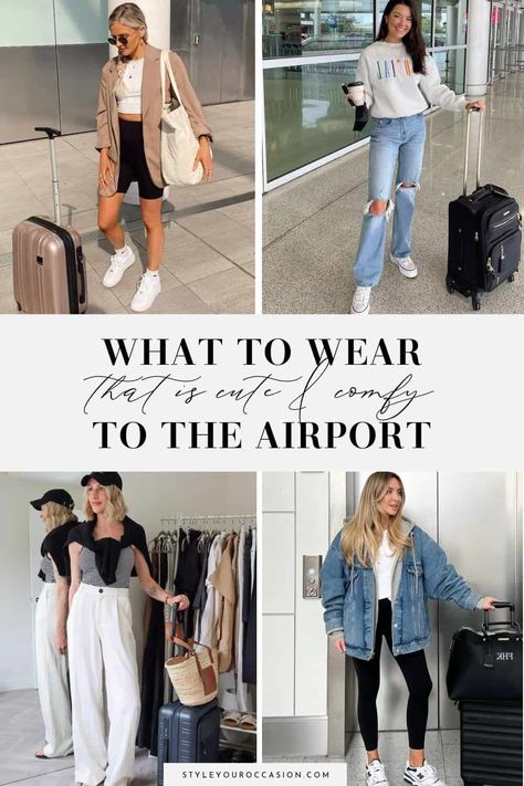 Looking for casual airport outfit ideas or comfy travel outfit inspiration? You’ll love these chic and modern airport fits for women for every season from spring and summer to fall and winter. Get an elevated classy aesthetic with these trendy airport outfits that include loungewear, leggings, jeans, dresses, and more! Airport Looks Women, Jeans Travel Outfit, Comfy Cute Airport Outfit, Airport Outfit Aesthetic, Trendy Airport Outfits, Summer Airplane Outfit, Classy Airport Outfit, Modern Airport, Loungewear Leggings