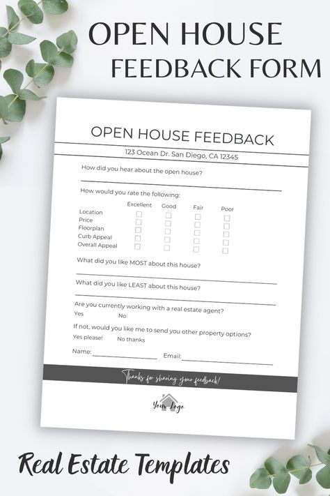 Real Estate Open House Feedback Form | PDF & Editable Template, Realtor Marketing, Forms, Printables Open House Feedback Form Real Estate, Open House Flyer Ideas, Open House Sign Ideas, Open House Marketing Ideas, Open House Ideas Real Estate Set Up, Open House Feedback Form, Realtor Open House, Rent Receipt, Real Estate Contract