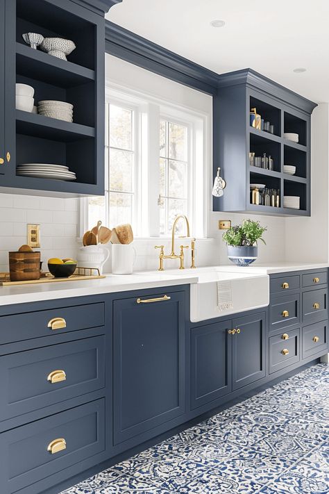 Discover 41+ Ways to Style a Dark Blue Kitchen for Modern Homes Blue Kitchen Cabinets Ideas, Dark Blue Kitchen, Navy Kitchen Cabinets, Dark Blue Kitchens, White Upper Cabinets, Blue Kitchen Designs, Kitchen Cabinets Ideas, Navy Blue Kitchen, Patterned Tile