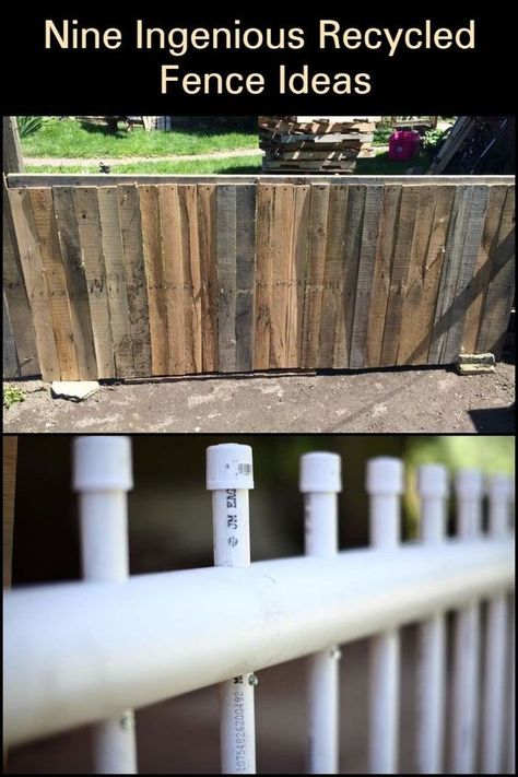 Get recycling ideas for building your fence! Diy Pvc Fence Ideas, Fence With Pallets Diy, Fences From Pallets, Diy Short Fence Ideas Cheap, Diy Garden Fencing Ideas Cheap, Garden Wood Fence Ideas, Upcycled Fence Ideas, Easy Pallet Fence, Pvc Fencing Ideas