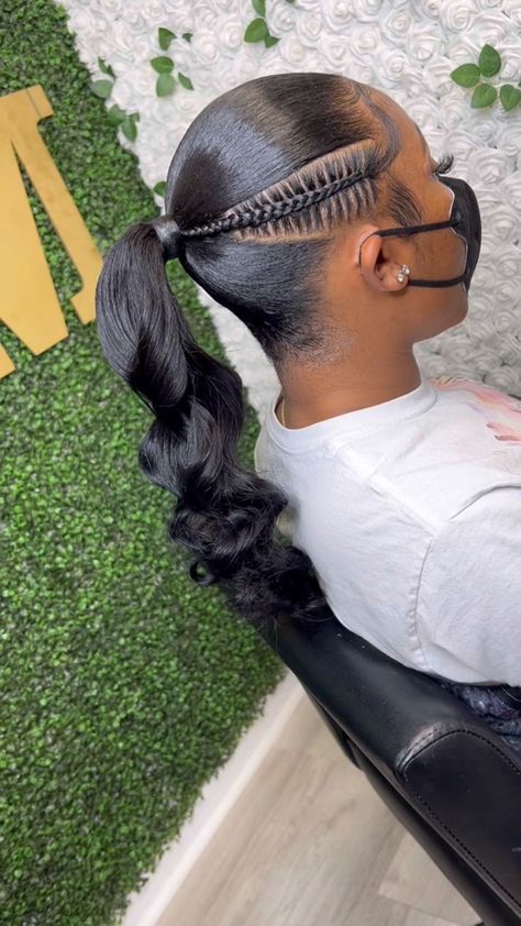 Mid Part Ponytail Sleek, Braided One Ponytail, Braided Ponytail Black Hair, Pony Hairstyle, Invisible Ponytail, Long Ponytail Hairstyles, Side Braid Ponytail, Baddie Hair, Natural Hair Wedding