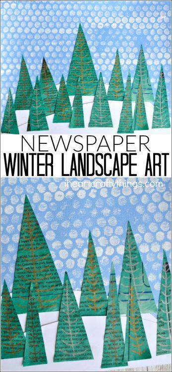 This newspaper winter landscape art project makes a great winter craft, winter art project, kids winter craft and preschool craft. Newspaper Project, Winter Landscape Art, Winter Art Lesson, Preschool Art Projects, Winter Art Projects, Newspaper Art, Winter Crafts For Kids, News Paper, Kindergarten Art