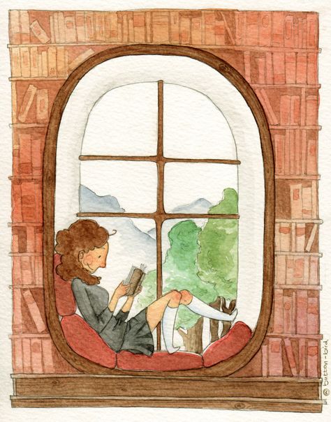 Her reading nook by button-bird Reading Art, Woman Reading, Reading A Book, World Of Books, Cozy Reading, Girl Reading, I Love Reading, Book Nooks, I Love Books