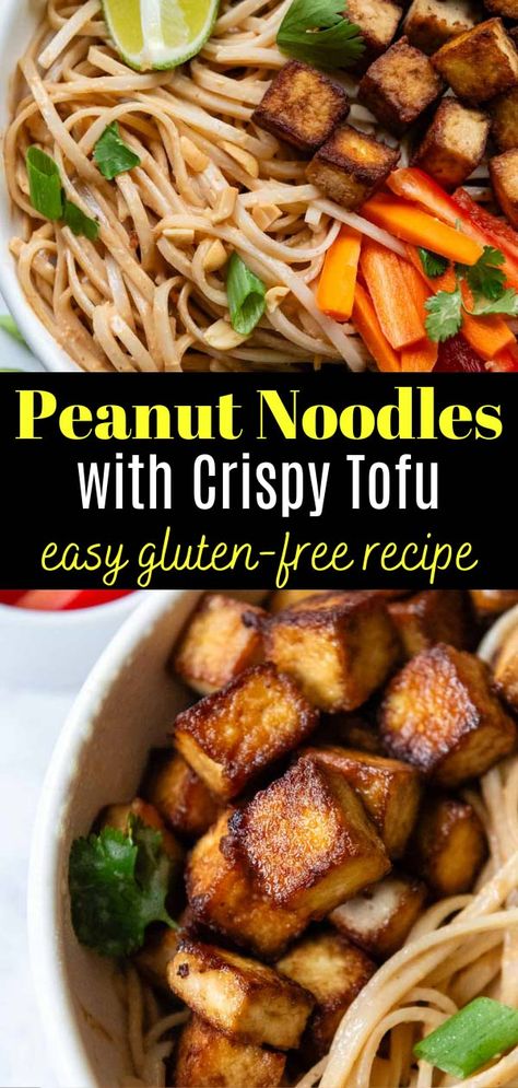 When you are looking for restaurant-worthy taste, but want an easy homemade recipe, these saucy peanut noodles with crispy gluten-free tofu absolutely hit the mark! The 5-minute peanut sauce nails the balance of savory, salty, spicy, and a hint of honey sweet. Toss the creamy sauce with rice noodles, and top with golden pan-fried tofu for a gluten-free and vegan meal better than take-out. Mamagourmand Recipes, Asian Keto, Tofu Peanut, Noodles With Tofu, Pan Fried Tofu, Gluten Free Cookbooks, Gluten Free Dinner Easy, Peanut Noodles, Crispy Tofu