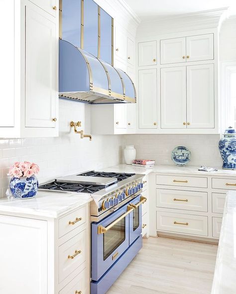 Fav Kitchen • Instagram Powder Blue Kitchen Cabinets, Periwinkle Kitchen, Art Deco Style Interior, Blue Farmhouse, Beach Kitchen, Kitchens Design, House Redo, Rustic Kitchen Design, Marble Backsplash