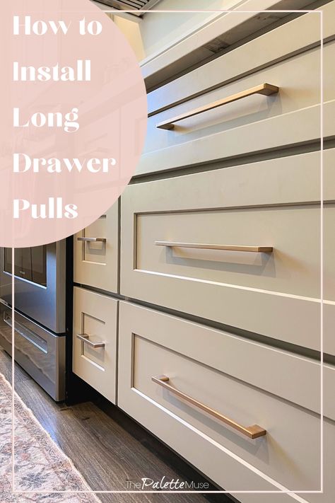 If you're intimidated by the process of installing gorgeous oversized drawer pulls on your new kitchen cabinets, read this first! What Size Cabinet Pulls To Use, Cabinet Pulls For White Cabinets, Cabinet Hardware Trends, Long Drawer Pulls, Cabinet Hardware Placement, Types Of Kitchen Cabinets, Kitchen Drawer Handles, Hanging Drawers, New Cabinets