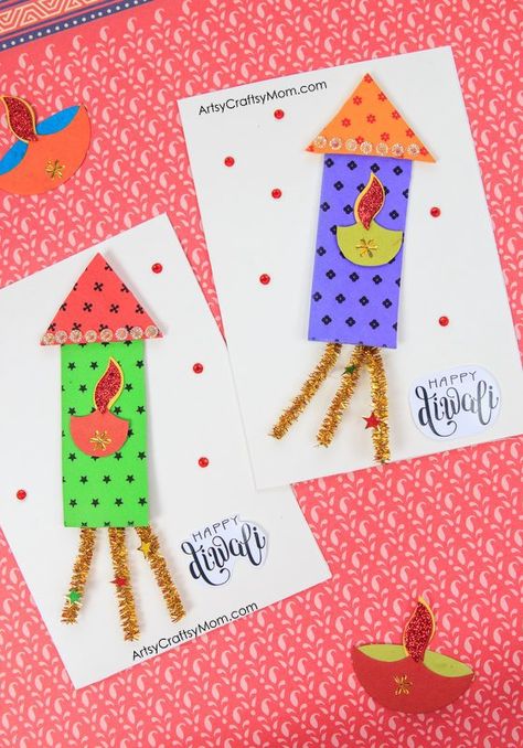 If you're looking for easy Diwali card ideas, we have the best 15+ DIY Diwali card ideas for kids - Kandils, crackers, lamps & more. Be inspired.. Easter Art For Kids, Diy Diwali Cards, Diwali Card Making, Diwali Craft For Children, Diwali For Kids, Diwali Activities, Diwali Drawing, Diwali Card, Fireworks Craft