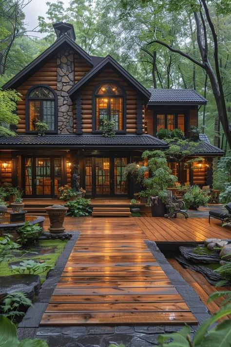 House Color Pallet Exterior, Cabin Style House Exterior, Modern Stone Cabin, Vintage Cabin Exterior, Modern Rustic Cabin Exterior, Log Cabin With Black Trim, Luxury Cabin In The Woods, Pretty Home Exterior, Cabin Like Homes