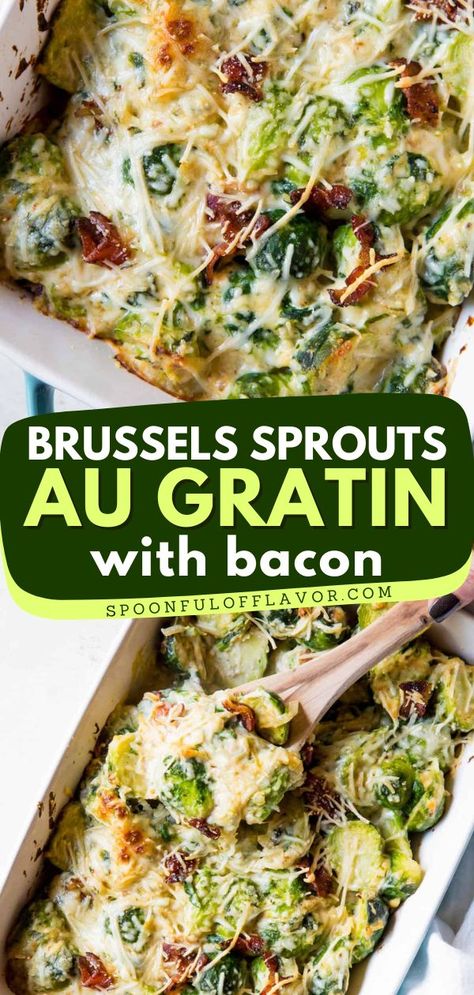 You won't dare to miss out on this Brussels Sprouts Au Gratin with Bacon! This creamy and hearty brussels sprouts recipe is one of the best Thanksgiving side dishes you can try! Pin this Thanksgiving side idea! Brussels Sprouts Au Gratin, Brussel Sprouts Au Gratin, Creamy Brussels Sprouts, Thanksgiving Recipes Side Dishes Easy, Easy Dinner Sides, Brussels Sprouts Gratin, Brussels Sprouts With Bacon, Thanksgiving Side Dishes Easy, Thanksgiving Side Dish