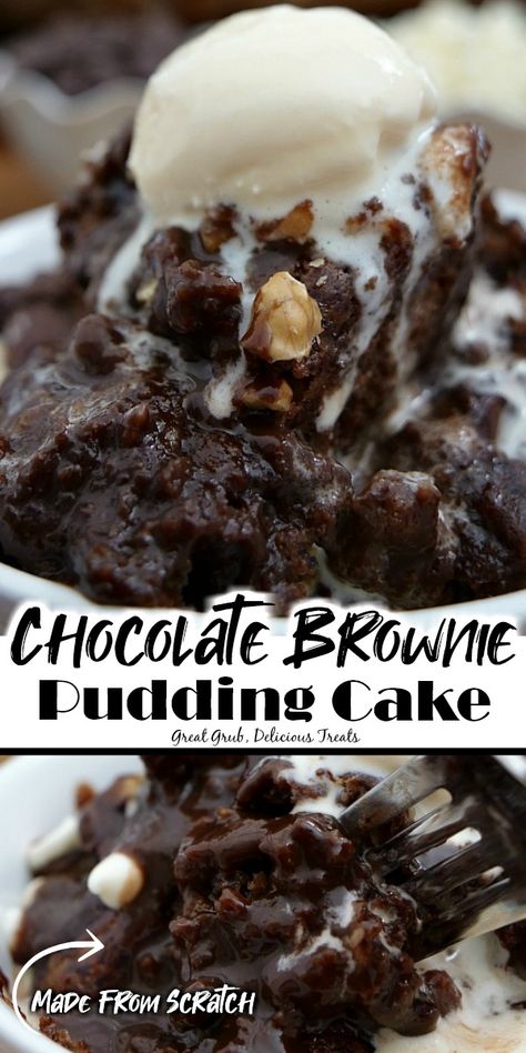 Chocolate Brownie Pudding Cake is a delicious and decadent chocolate brownie recipe with chocolate pudding throughout, topped with walnuts and additional chocolate. Brownie Pudding Cake, Chocolate Brownie Pudding, Jello Pudding Recipes, Chocolate Pudding Cake Recipe, Chocolate Pudding Desserts, Brownie Pudding, Chocolate Cobbler, Chocolate Pudding Cake, Chocolate Pudding Recipes