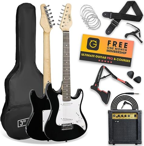 3rd Avenue XF 3/4 Size Electric Guitar Ultimate Kit with 10W Amp, Cable, Stand, Gig Bag, Strap, Spare Strings, Picks, Capo – Black Electric Guitar Kits, Online Music Lessons, Guitar Kits, Guitar Stand, Online Lessons, Guitar For Beginners, Online Tutoring, Audio Accessories, Starter Pack