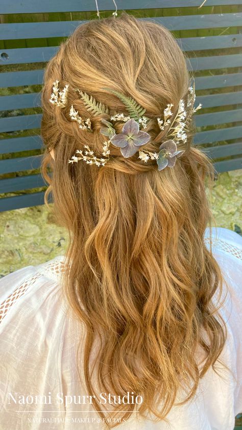 Half Up Half Down Hairstyles Flowers, Half Up With Flowers Wedding Hair, Prom Hair With Flowers Half Up, Flowers In Hair Half Up Half Down, Wedding Hairstyles With Greenery, Boho Half Up Hair, Flower Hair Styles, Flowers Braided Into Hair, Half Up Hair With Flowers