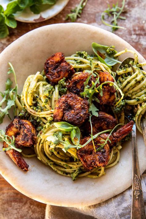 Cajun Garlic Butter Shrimp with Creamy Pesto Pasta | halfbakedharvest.com Shrimp Veggie Pasta, Pasta Recipes Pesto, Pesto Recipes Dinner, Basil Shrimp, Winter Pasta, Spicy Garlic Shrimp, Cajun Shrimp Recipes, Creamy Pesto Pasta, Half Baked Harvest Recipes