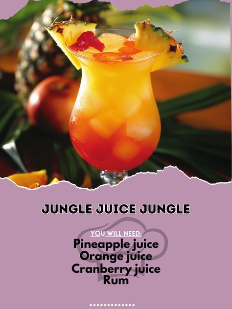 🌴 Indulge in the wild flavors of Jungle Juice Jungle! 🌴 #JungleJuice #TropicalVibes Jungle Juice Jungle Ingredients: Vodka (1 oz) Pineapple juice (1 oz) Orange juice (1 oz) Grenadine (dash) Fresh fruit slices (for garnish) Instructions: Shake vodka, pineapple juice, and orange juice with ice. Strain into a glass and add a dash of grenadine. Garnish with fresh fruit slices. Unleash the wild side of your taste buds! 🌴🍍🥤 #JungleJuice #TropicalDrinks #RecipeInspire Tropical Jungle Juice Recipe, Orange Jungle Juice, Best Jungle Juice Recipe, Easy Jungle Juice, Vodka Jungle Juice, Cheap Jungle Juice, Frappe Recipe, Fruit Slices, Jungle Juice