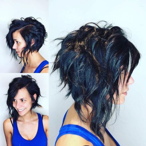 Edgy Angled Asymmetric Razor Cut Bob with Wavy Texture and Black Color Medium Length Hairstyle Asymetrical Haircut Edgy, Feminine Punk, Blonde Dip Dye, Long Bobs, Hairstyle Hairstyle, Punk Hair, Super Hair, Women's Hairstyles, Best Short Haircuts