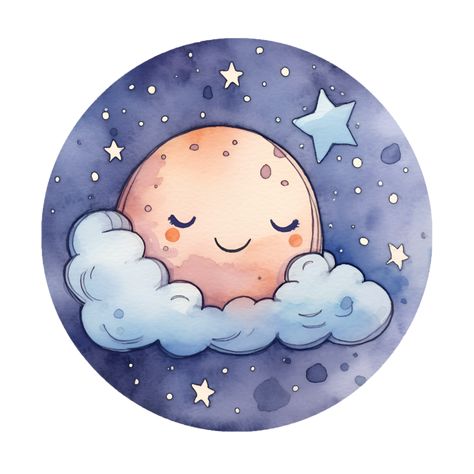 Kawaii Moon Night Sky Watercolor Clipart AI Generated Cute Moon Drawing, Moon For Kids, Night Sky Watercolor, Kawaii Moon, Moon Watercolor, Moon Clipart, Sky Watercolor, Moon Cartoon, Night Sky Moon