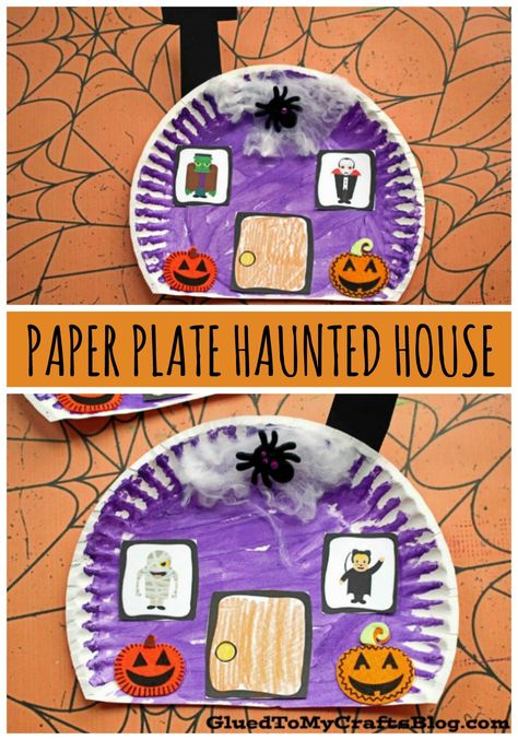 #gluedtomycrafts Paper Plate Halloween Haunted House - Kid Craft Idea Haunted Halloween House, Haunted House Craft, Halloween Art Projects, Halloween Crafts Preschool, Art Project For Kids, October Crafts, Casa Halloween, Fun Halloween Crafts, Halloween Arts And Crafts