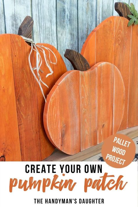 Decorate your home for fall with this DIY pallet pumpkin trio! Use different finishes to give each wooden pumpkin a unique look. Makes a cute patio display! Yard Pumpkins Wooden, Wooden Pumpkins Diy How To Make, Fall Wooden Pumpkins Diy, How To Paint Wooden Pumpkins, Scrap Wood Pumpkins Diy, Pumpkin Pallet Ideas, Pallet Pumpkins Diy, Wooden Pumpkins Diy Front Porches, Wooden Pumpkins Diy