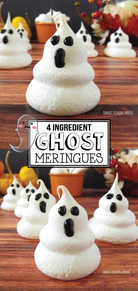 Ghost Meringues ? Meringue Ghost Cookies, Ghost Dessert Ideas, Meringue Ghosts Recipe, Merengue Ghosts, Halloween Meringue Cookies, Ghost Snacks, Ghost Cakes, Meringue Halloween, Ghost Meringue