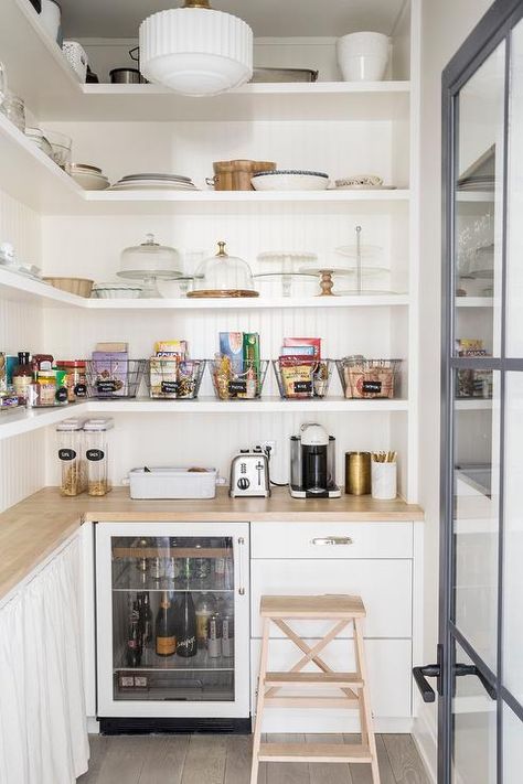 Pantry with Skirted Shelves - Cottage - Kitchen Shape Kitchen Design, L Shaped Pantry, L Shape Kitchen Design, L Shape Kitchen, Dream Pantry, House Pantry, Kate Marker Interiors, Kitchen Painting, Organized Pantry