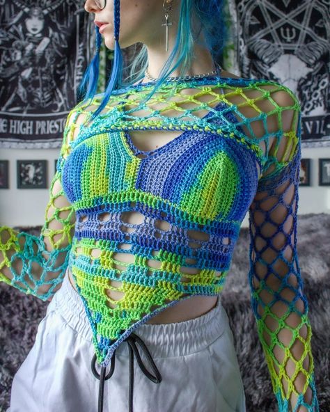 ☣️ Toxic Waste Set ☣️ Another venture into ravewear inspired clothing 💚 One of my most favorite multicolored yarns that I've worked with, from @alizeyarns. 100% mercerized cotton 🧶 . . . #crochet #womensfashion #crocheteveryday #crocheter #crochetaddict #crochetdesigner #crochetclothes #crochetclothing #crocheted #crocheting #crochetlove #crochetart #crochetartist #fiberart #fiberartist #handmade #handmadeclothes #handmadeclothing #handmadeaccessories #handcrafted #slowfashion #smallbusin... Rave Crochet, Toxic Waste, Small B, Rave Wear, Cotton Crochet, Crochet Art, Rave Outfits, Most Favorite, Handmade Clothes