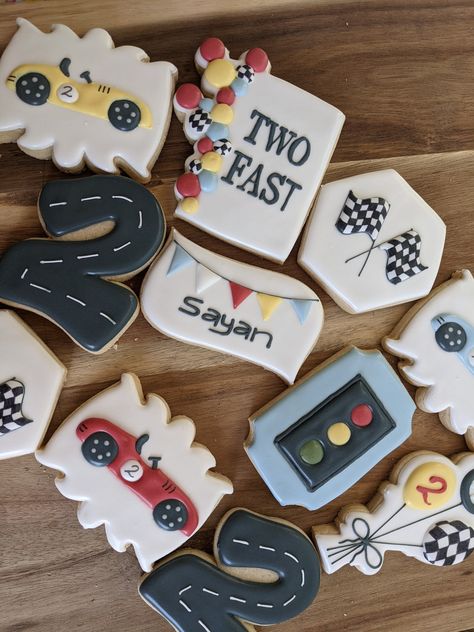 Welcome to Simply Sweet! Please check our Shop announcement before placing your order to ensure availability! We ask for at least 5-6 weeks notice for cookie orders! If you need cookies for a specific date please put the event date in the comments! This listing is for 36 race car themed Sugar Cookies. Cookies are baked and decorated fresh to order and are approximately 3-4 inches.  Cookies are individually bagged in cello bags and heat sealed before delivery. We recommend ordering extra cookies Race Car Cookie, Two Fast Sugar Cookies, Race Car Decorated Cookies, Race Car Sugar Cookies, Race Car Cookies Decorated, Car Cookies Decorated, Race Car Birthday Cookies, Car Birthday Cookies, Two Fast Cookies