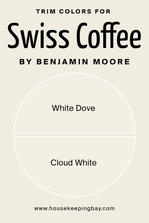 swiss coffee oc-45 by benjamin moore trim colors White Cloud Benjamin Moore, Trim Colors For Swiss Coffee, Swiss Coffee And White Dove, Best Trim Color For Swiss Coffee Walls, Swiss Coffee Trim Color, Benjamin Moore Swiss Coffee Cabinets, Swiss Coffee Walls And Trim, Benjamin Moore Swiss Coffee Walls, Swiss Coffee Walls With White Trim