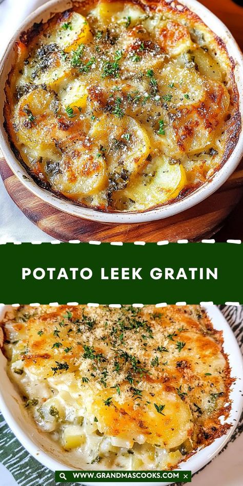 Delicious layers of potatoes and leeks baked in a savory, cheesy sauce. This gratin makes the perfect side for any meal! Leeks Side Dish, Leek And Potato Recipes, Leek Recipes Side Dishes, Potato Leek Gratin, Italian Side Dish, How To Cook Leeks, Leek Gratin, Cheesy Leeks, Potato Gratin Recipe