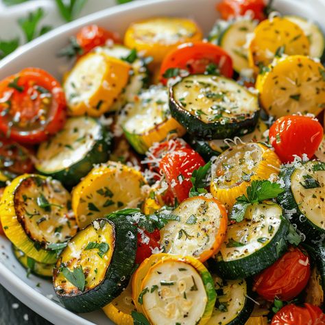 How to Make Roasted Garlic Parmesan Zucchini, Squash, and Tomatoes Garlic Parmesan Zucchini, Chicken Cashew Stir Fry, Chickpea Curry Recipe, Zucchini Squash, Parmesan Zucchini, Creamed Spinach, Yellow Squash, Garlic Parmesan, Healthy Side Dishes